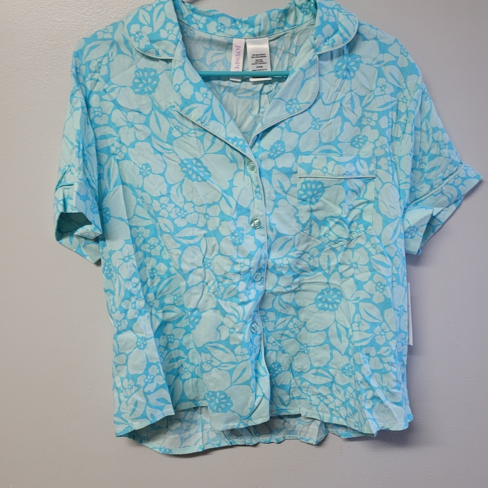 Joyspun Womens Blue Floral Button Up Notch Collar Pajama Shirt Top Size S NWT